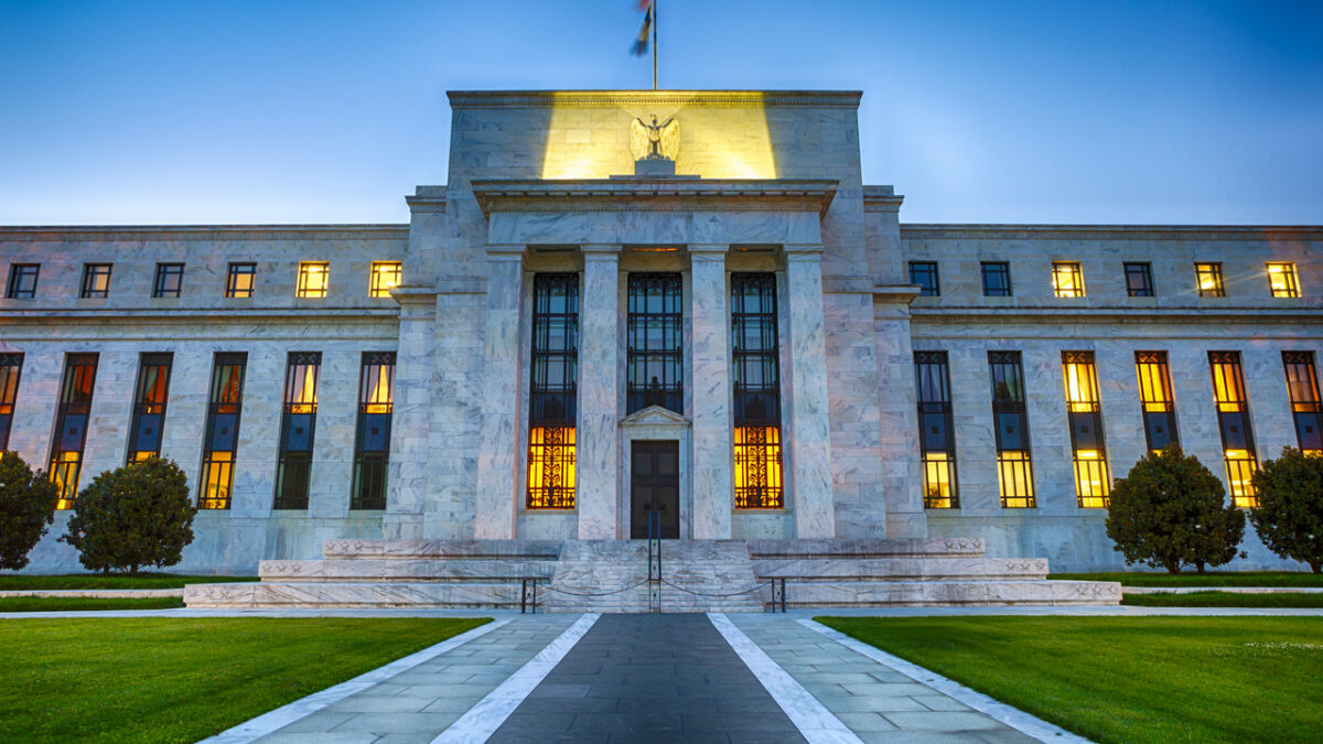 The Federal Reserve Building in downtown Washington DC, USA at night.